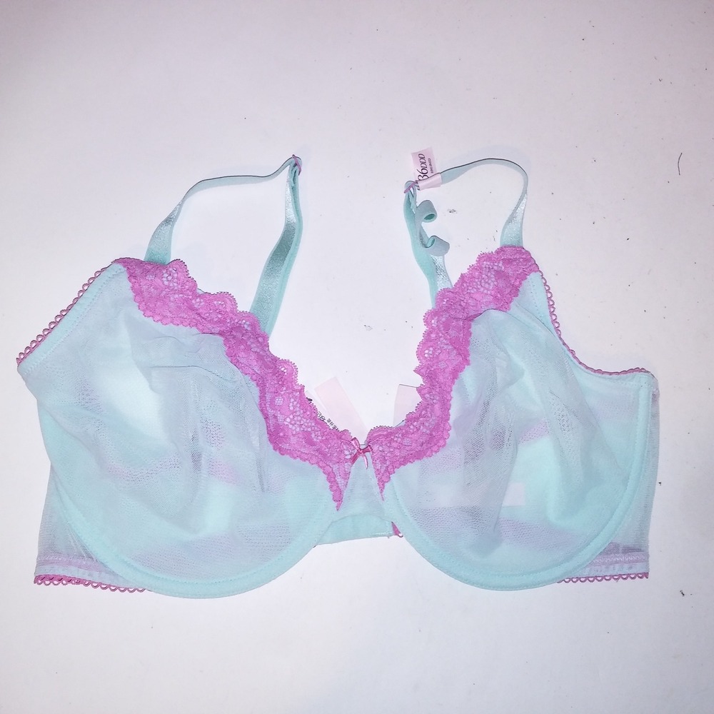 Victoria Secret Bra 36DDD Unlined Demi Mint Pink Lace Trim Sheer Tease Collectio